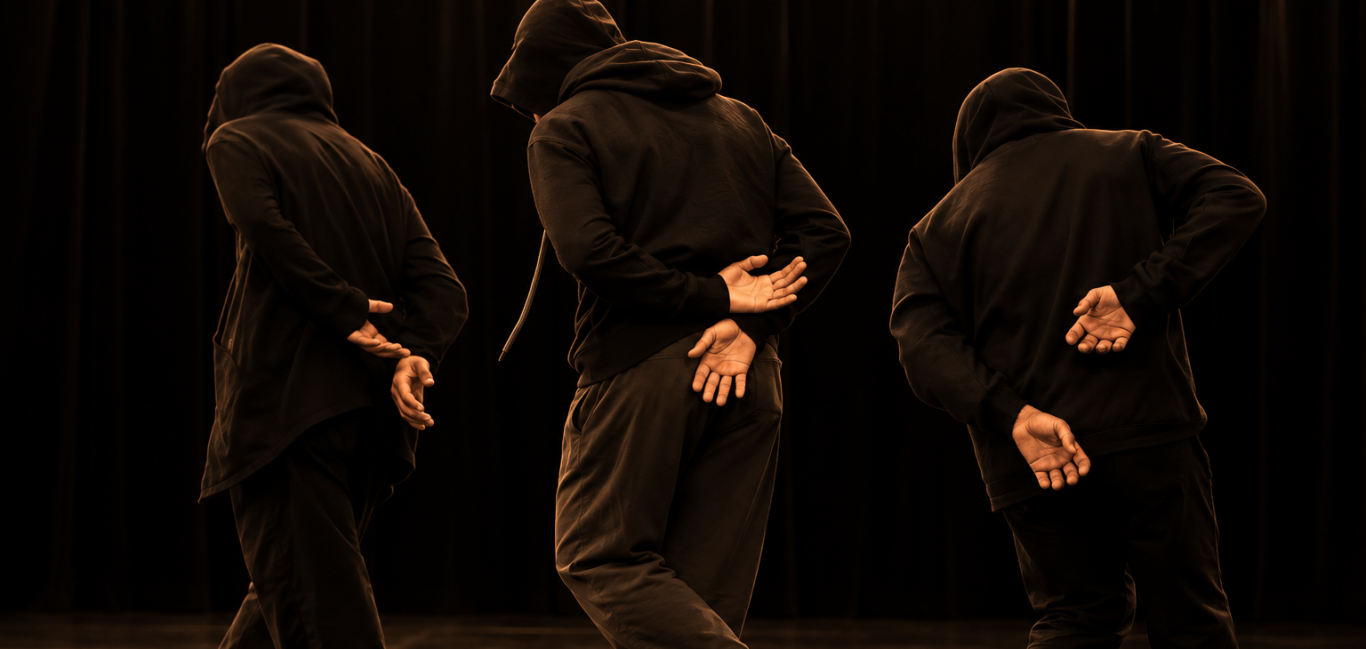 Deux performers en position inversée, faisant un mouvement synchronisé sur scène sombre.